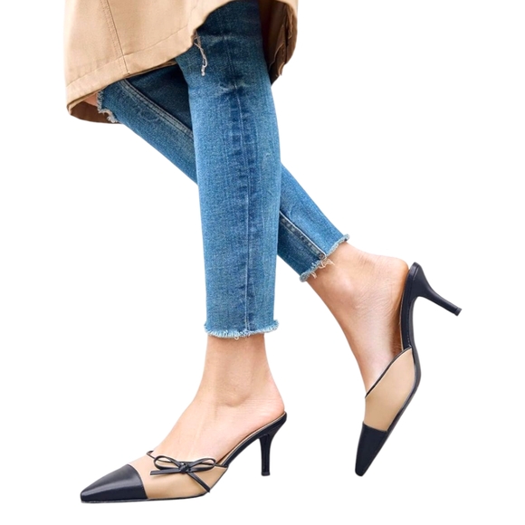 Sophisticated Black and Tan Stiletto Kitten Heels - Picture 2 of 16